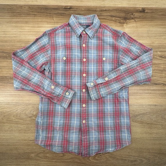 VTG Polo Ralph Lauren Heritage Flannel Red Blue Plaid Long Sleeve Shirt Small - Picture 2 of 7